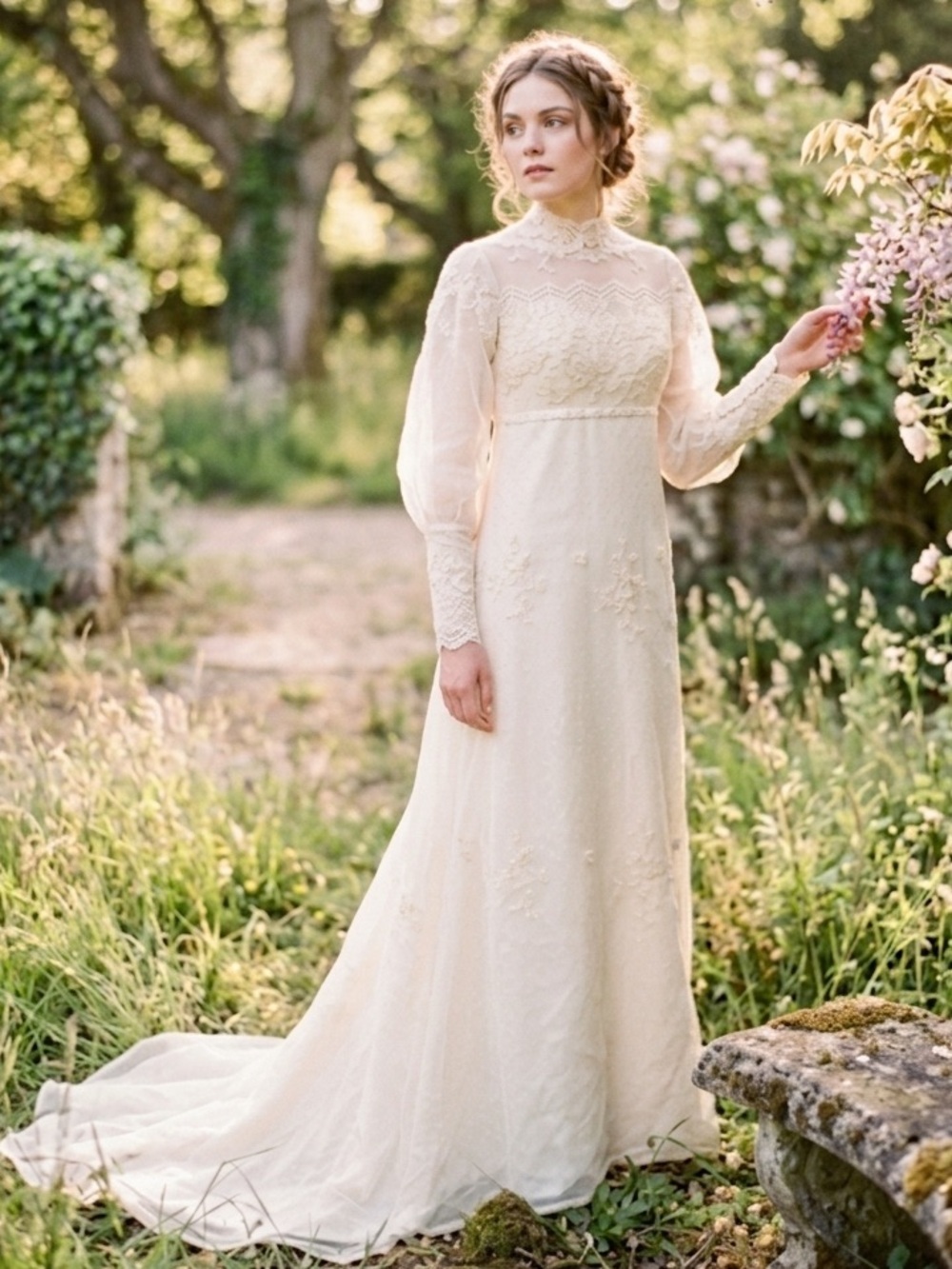 Vintage 1970s Ivory Lace Wedding Dress Romantic Prairie Bridal Gown Cottagecore